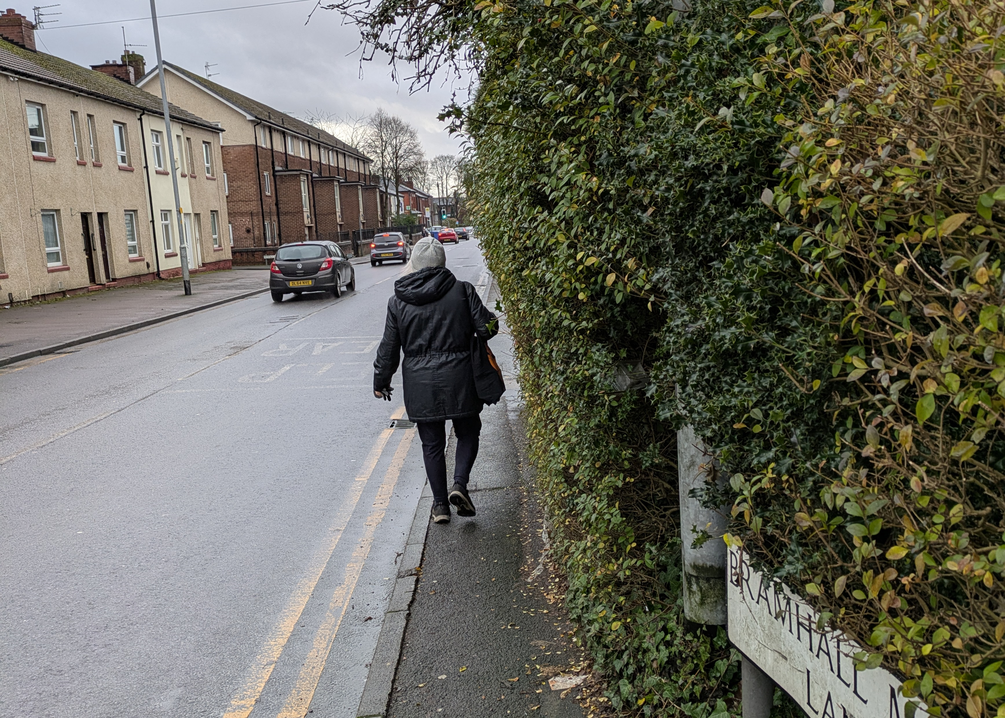 A street in Hazel Grove with houses on one side and a large bush on the other. In the centre of the image someone is walking down the pavement with their back to the camera.