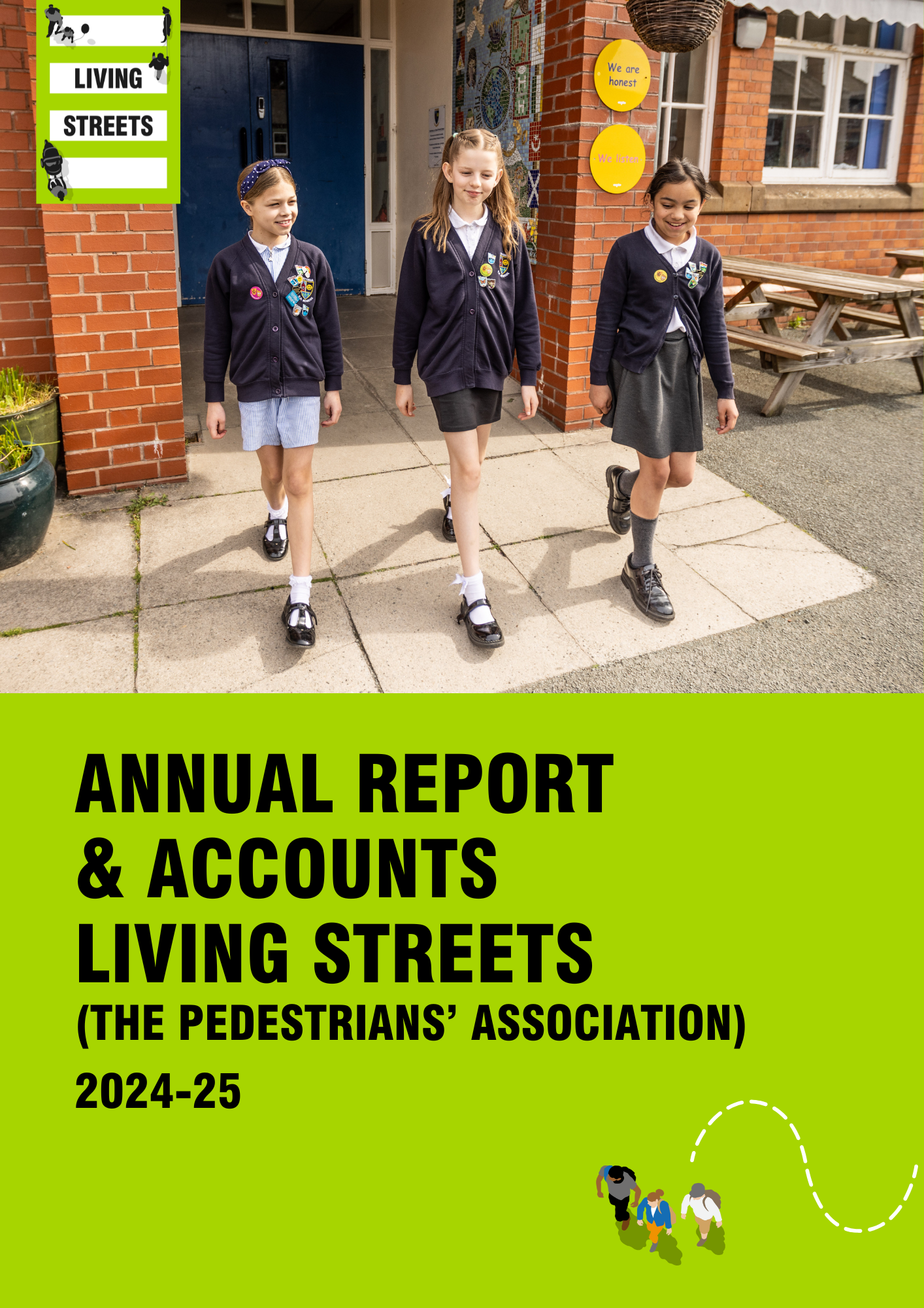 Annual report and accounts front cover shows three primary school aged pupils walking and smiling