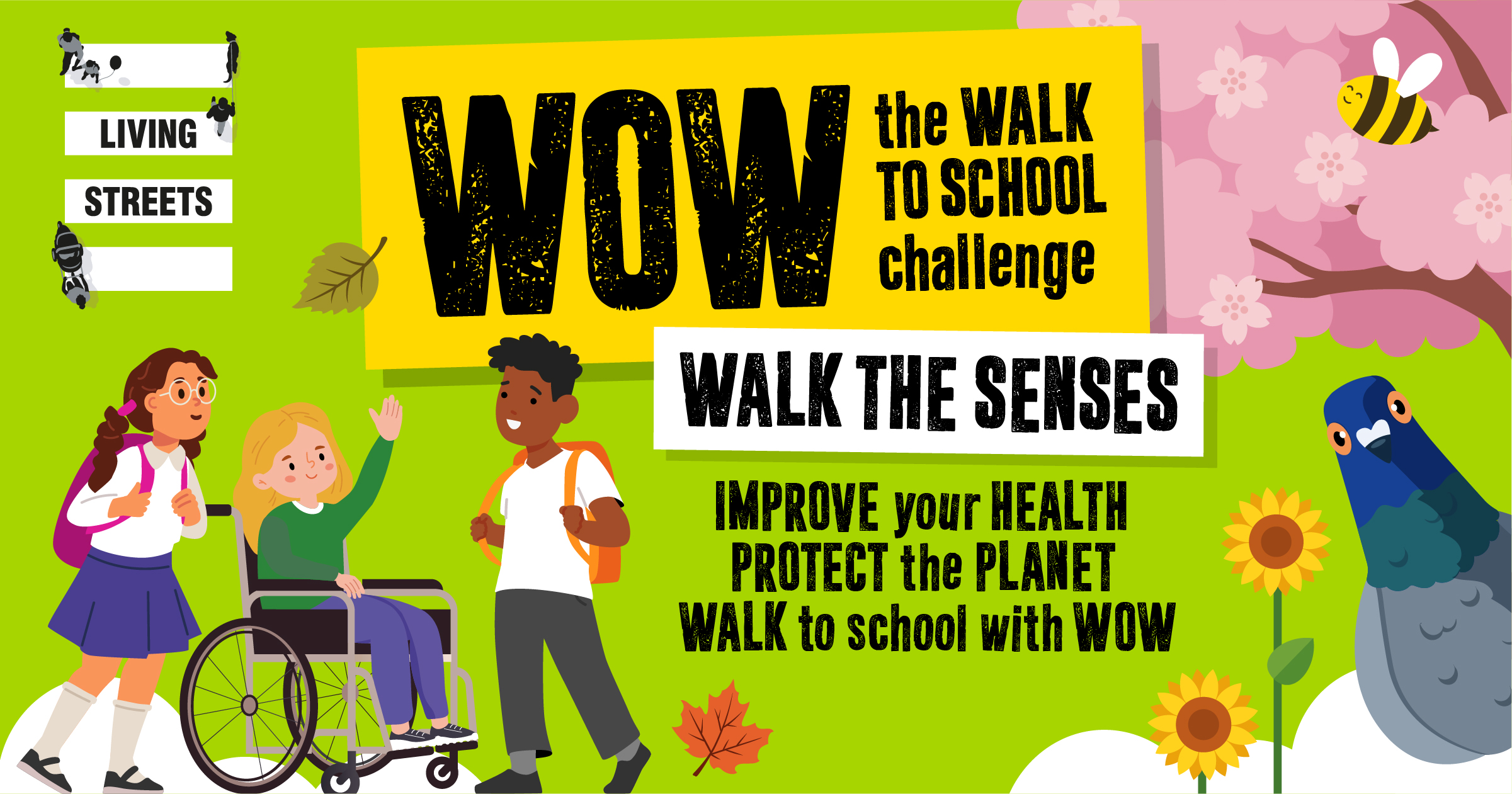 Graphic including three children and animals on a green background. Text reads: WOW Walk the Senses