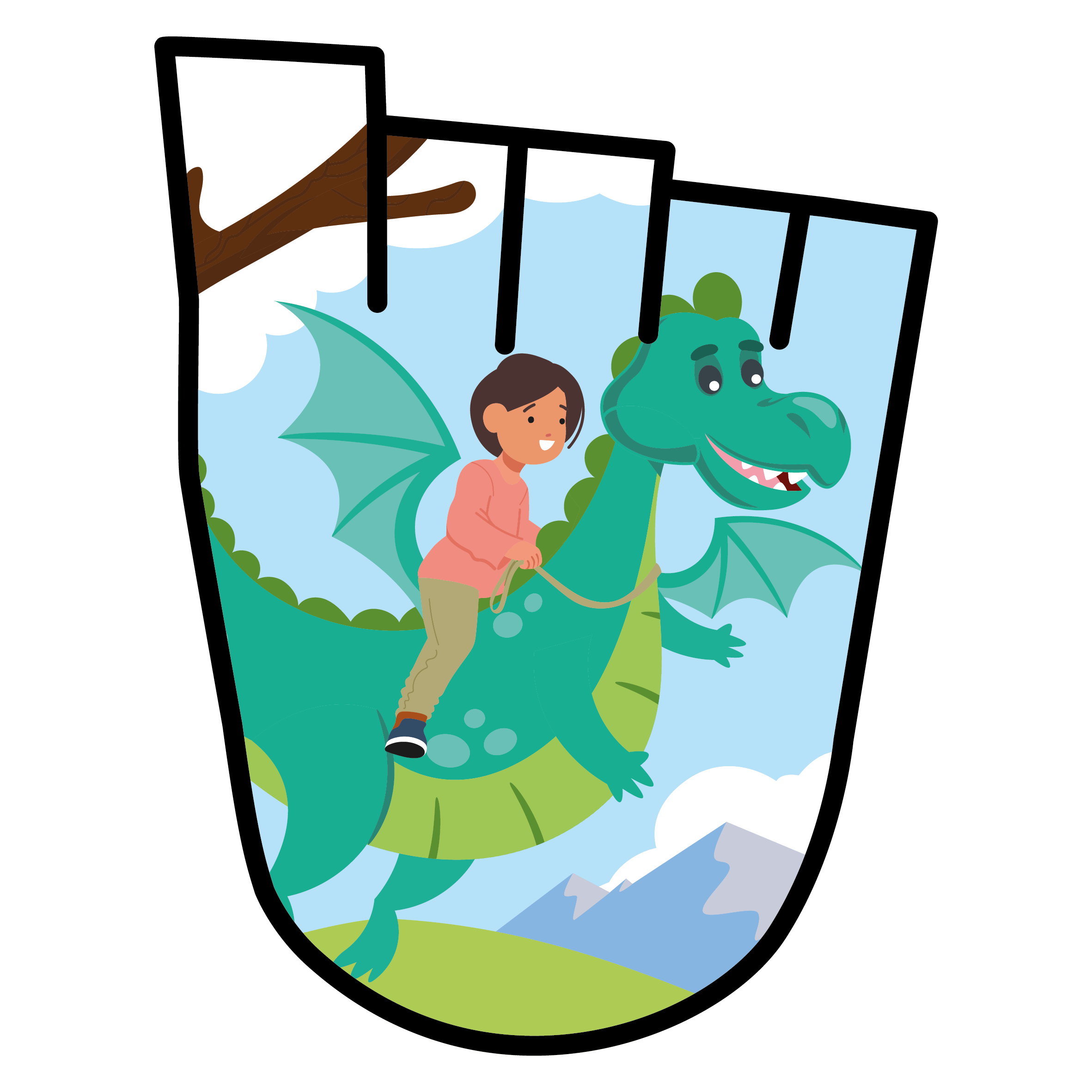 a young girl rides on the back of a green dragon